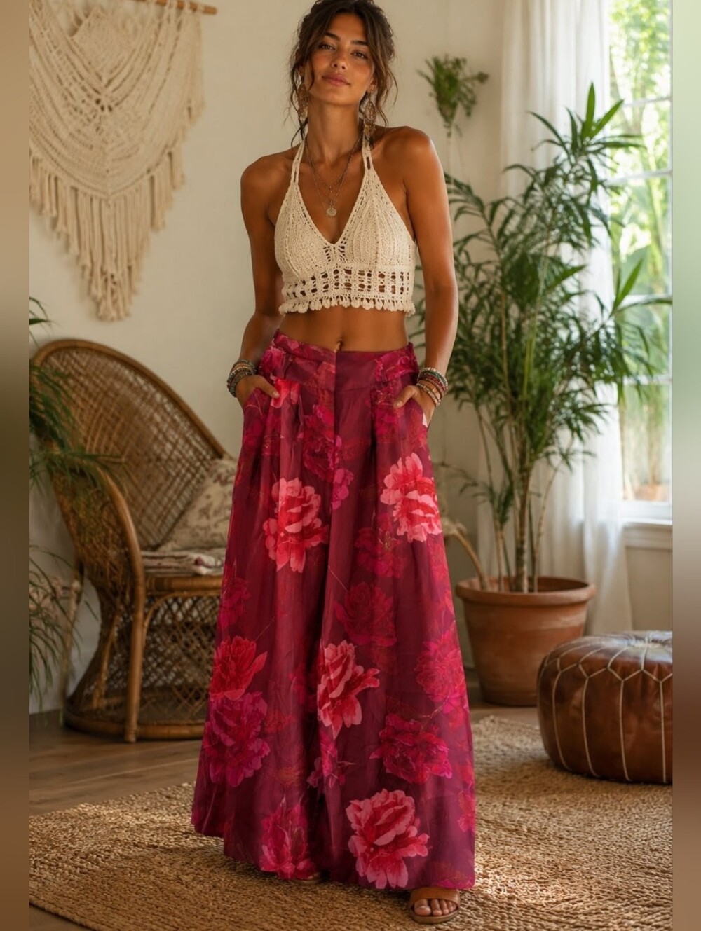 Aura Red Dress Super Wide Leg Boho Floral A-Line Skirt in Pink and Red NEW Med